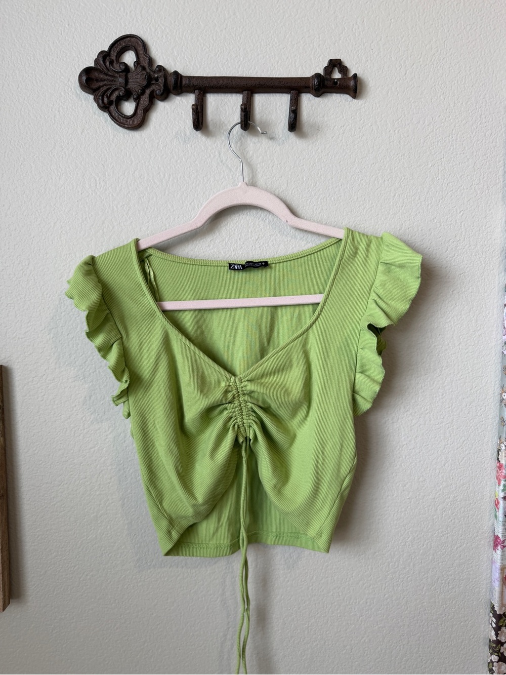 ZARA Lime Green Ruched Crop Top with Ruffle Sleeves